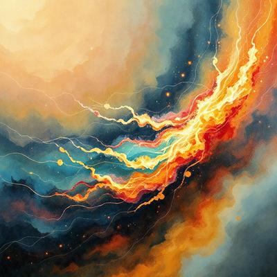 The primary subject of the image is a painting of a colorful, swirling, and abstract design. The setting is a cloudy sky, and the visual style is a combination of digital art and illustration. The dominant colors in the painting are orange, blue, and yellow, creating a vibrant and lively atmosphere.